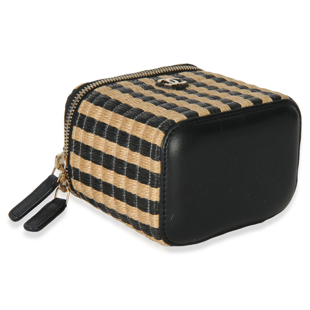 Black Beige Raffia Jute Striped Mini Vanity Case With Chain