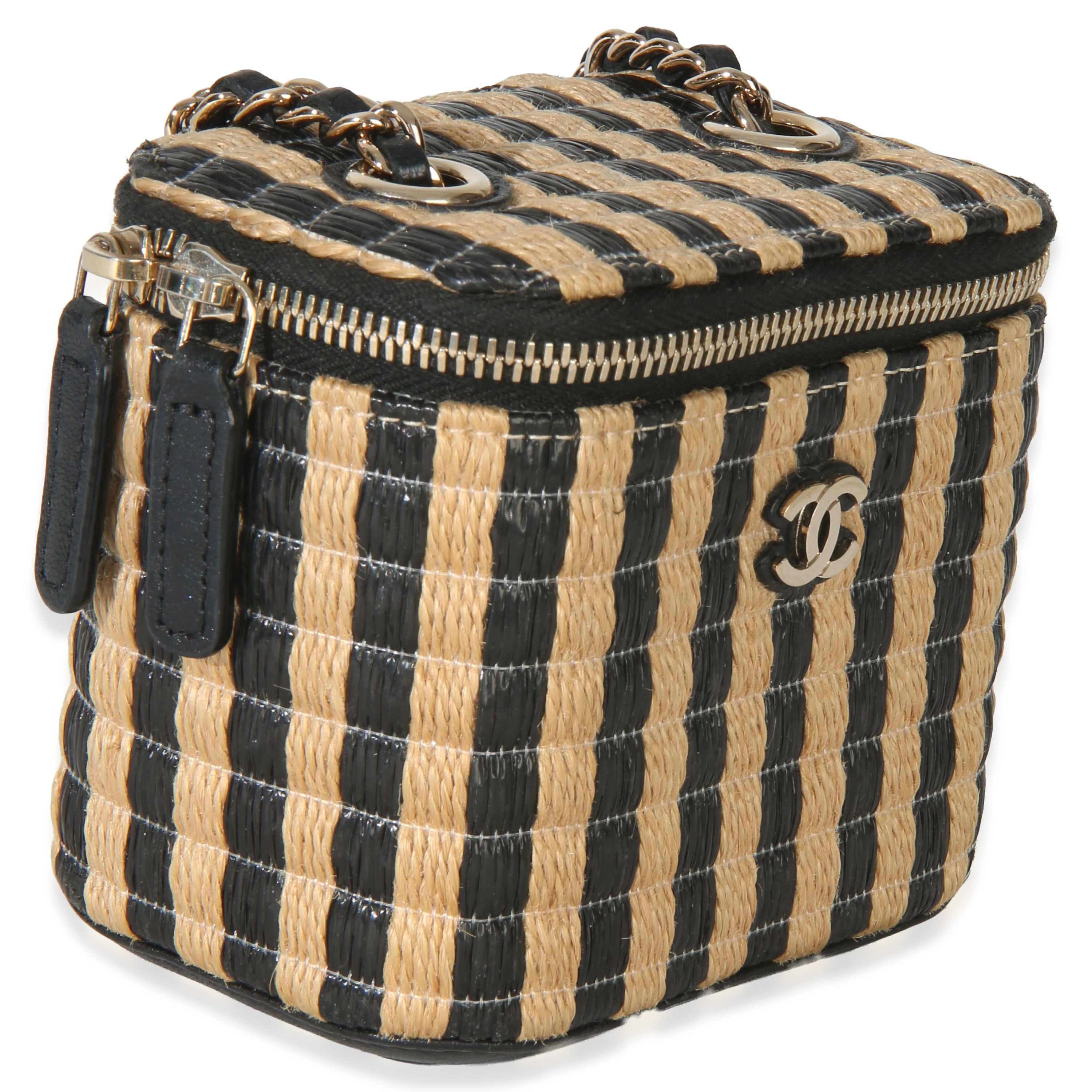 Black Beige Raffia Jute Striped Mini Vanity Case With Chain