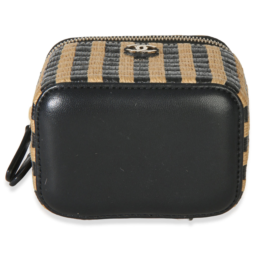 Black Beige Raffia Jute Striped Mini Vanity Case With Chain