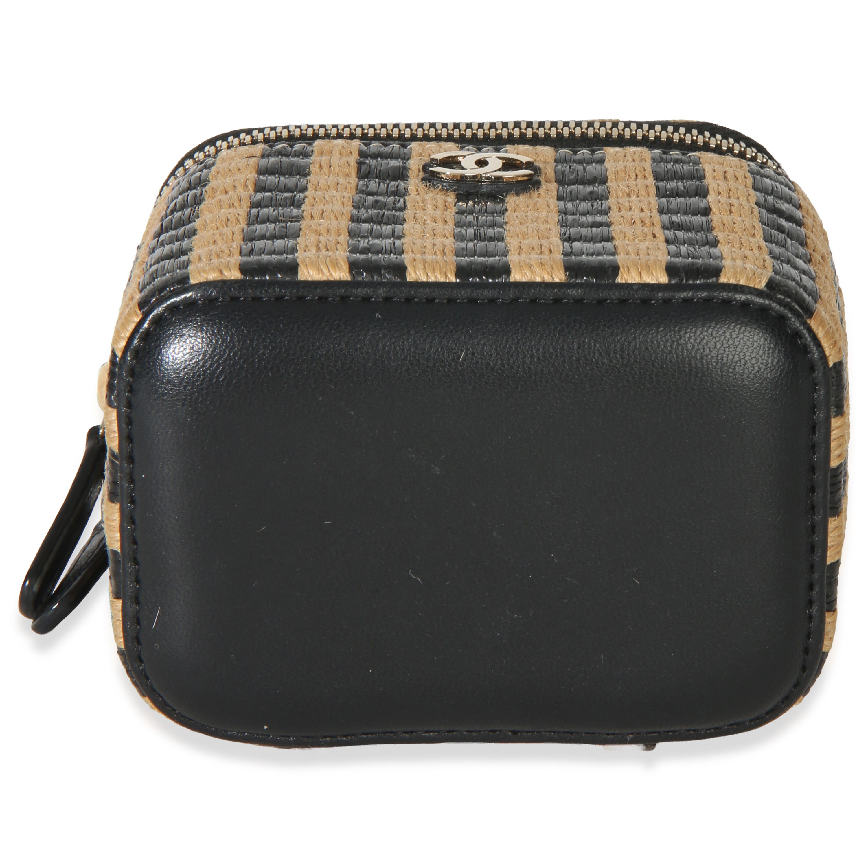 Black Beige Raffia Jute Striped Mini Vanity Case With Chain
