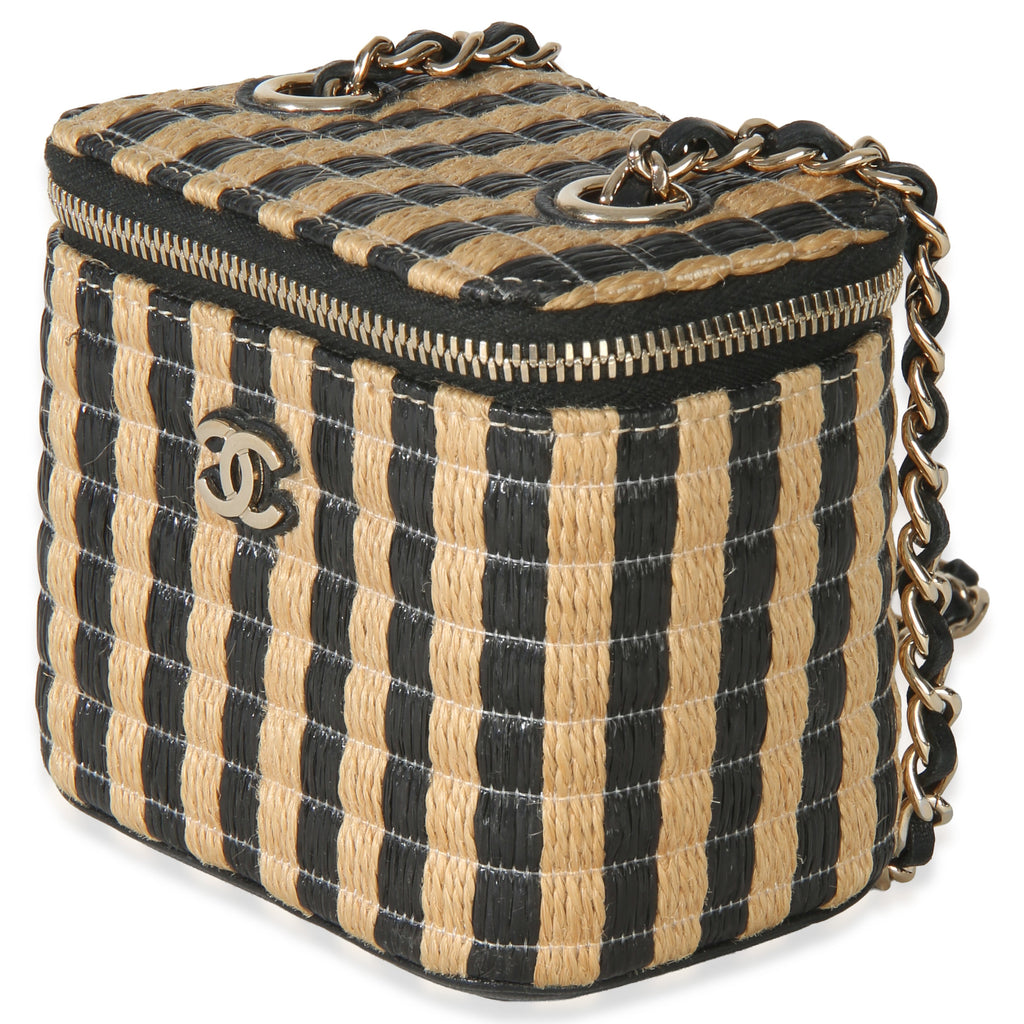 Black Beige Raffia Jute Striped Mini Vanity Case With Chain
