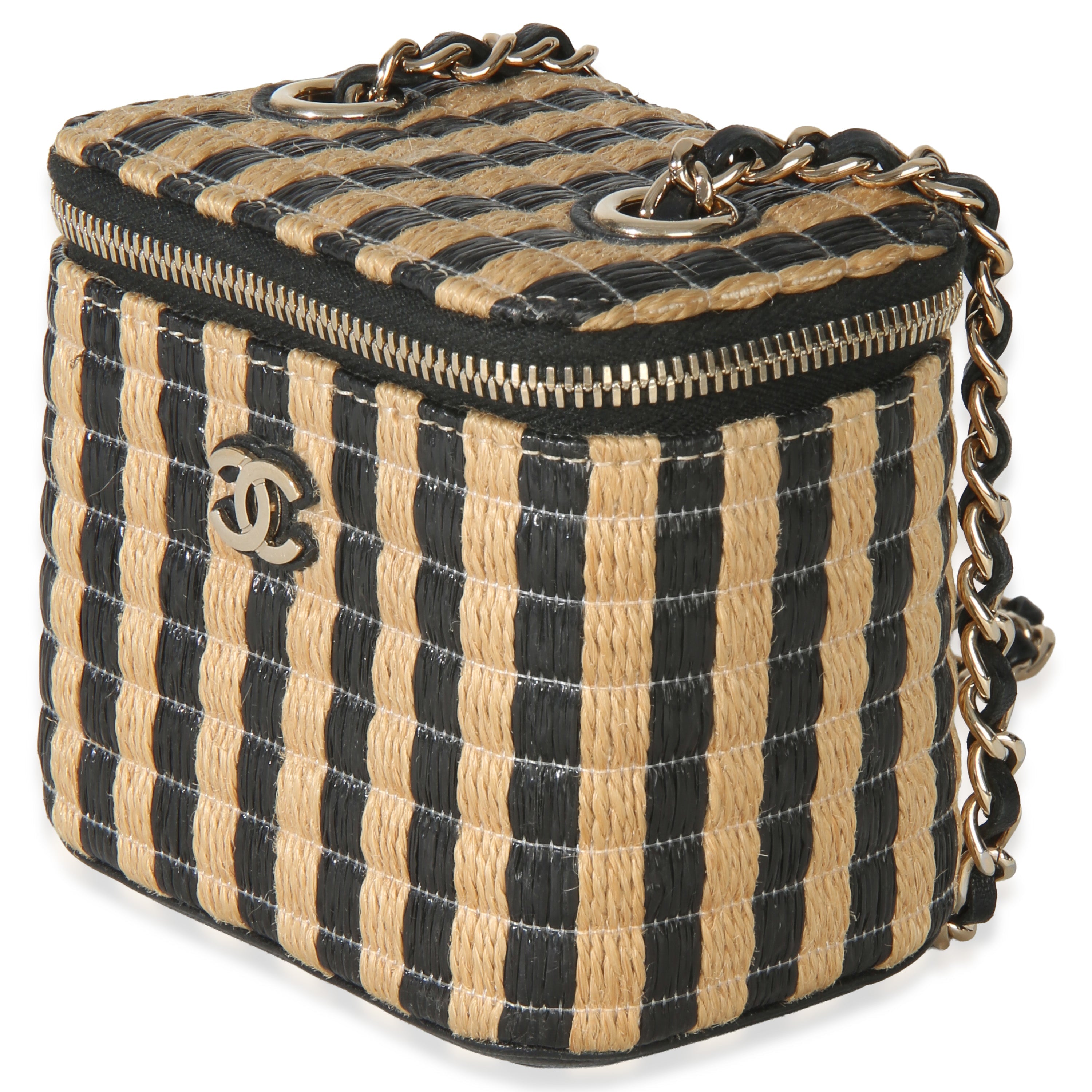 Black Beige Raffia Jute Striped Mini Vanity Case With Chain