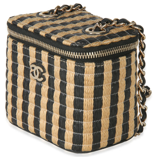 Black Beige Raffia Jute Striped Mini Vanity Case With Chain