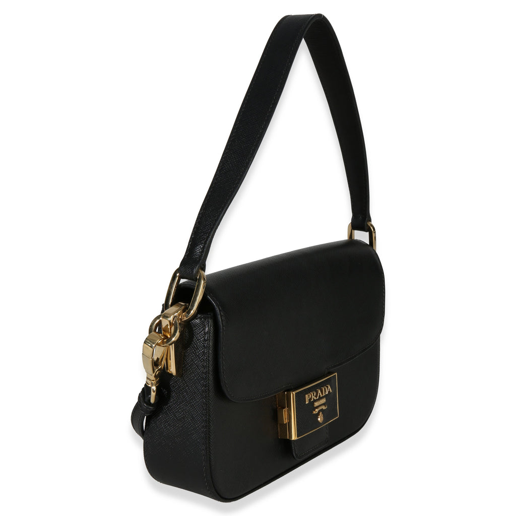 Black Saffiano Lux Leather Embleme Flap Shoulder Bag