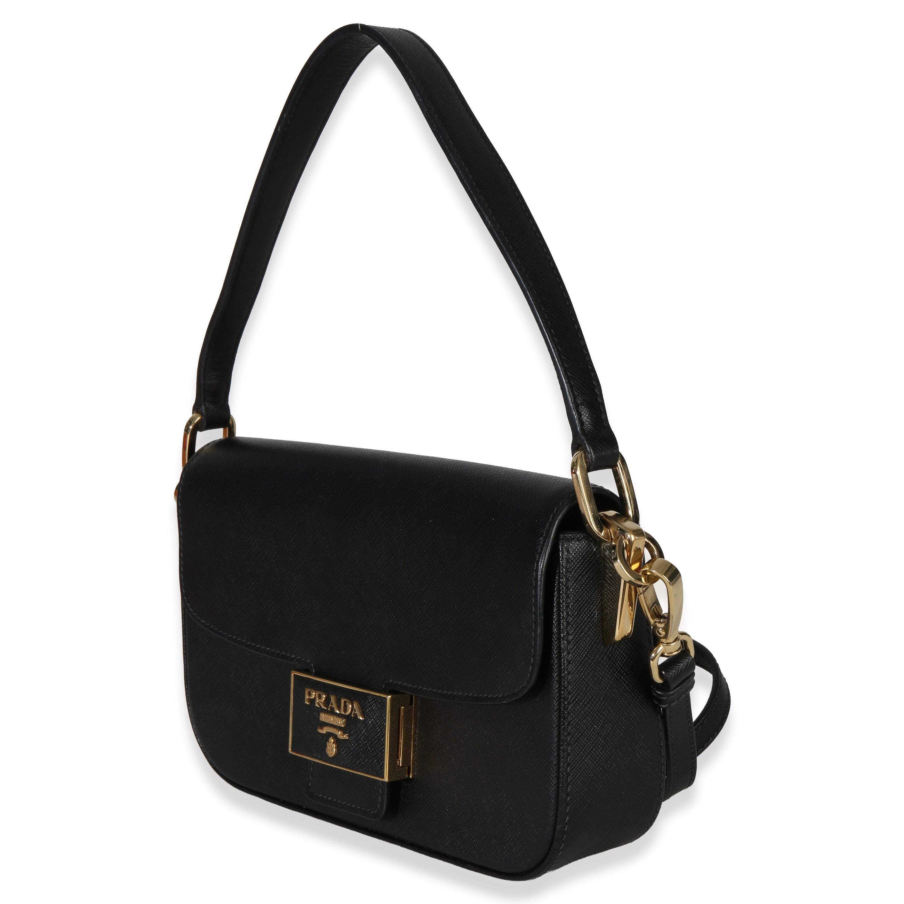 Black Saffiano Lux Leather Embleme Flap Shoulder Bag