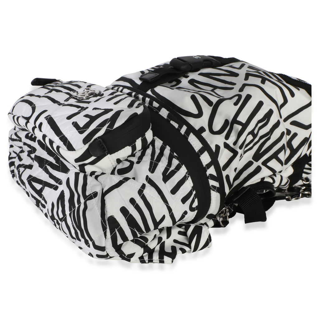 White Black Nylon Printed Coco Neige Backpack