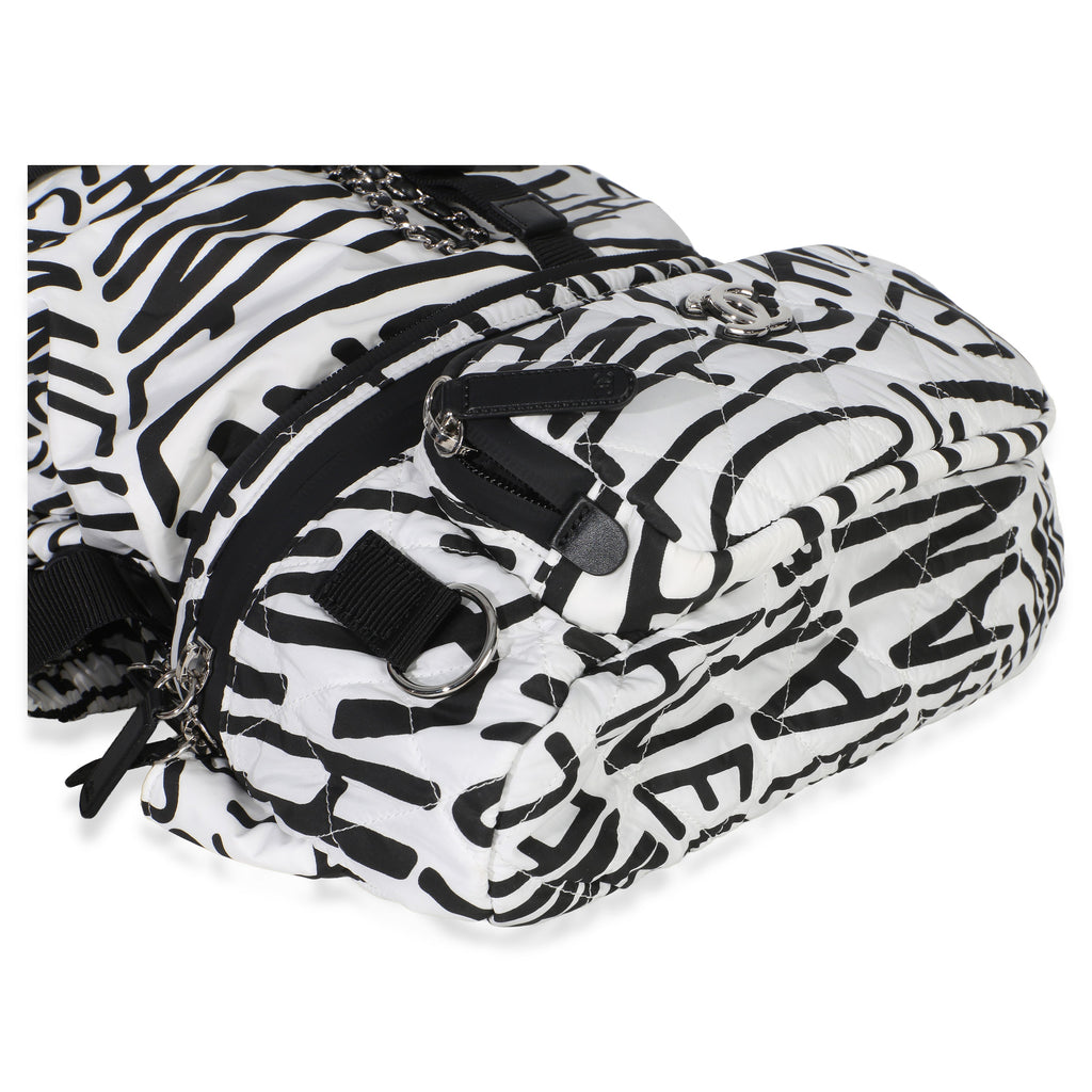 White Black Nylon Printed Coco Neige Backpack