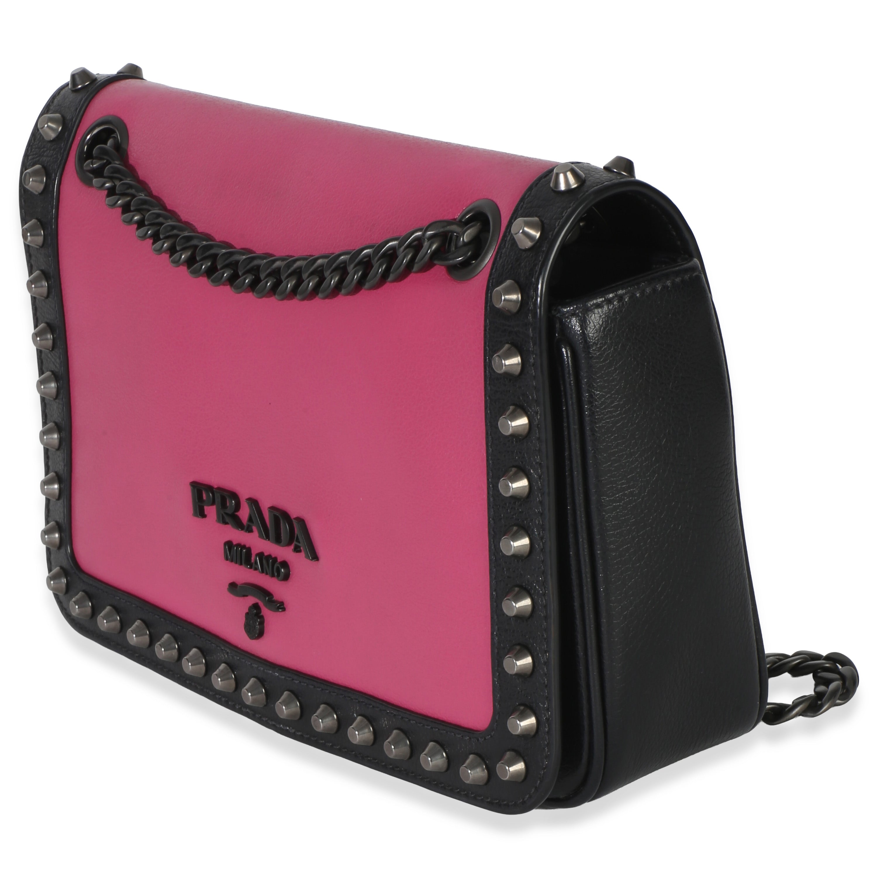 Black Pink Calfskin Glace Studded Chain Flap