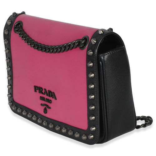 Black Pink Calfskin Glace Studded Chain Flap