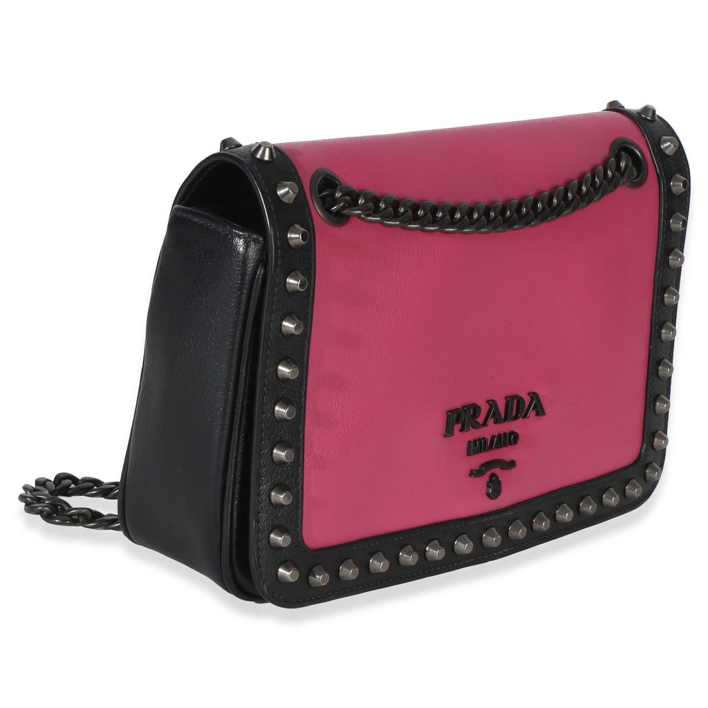 Black Pink Calfskin Glace Studded Chain Flap
