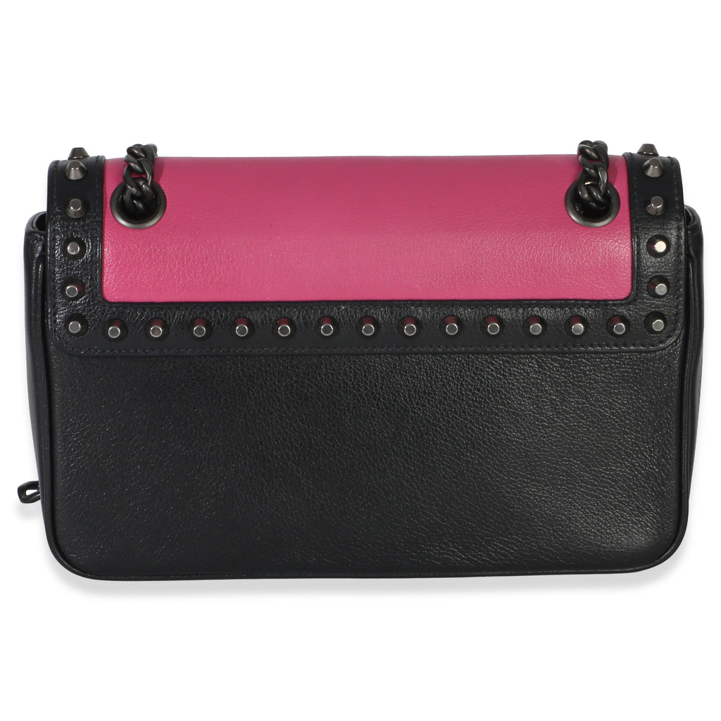 Black Pink Calfskin Glace Studded Chain Flap