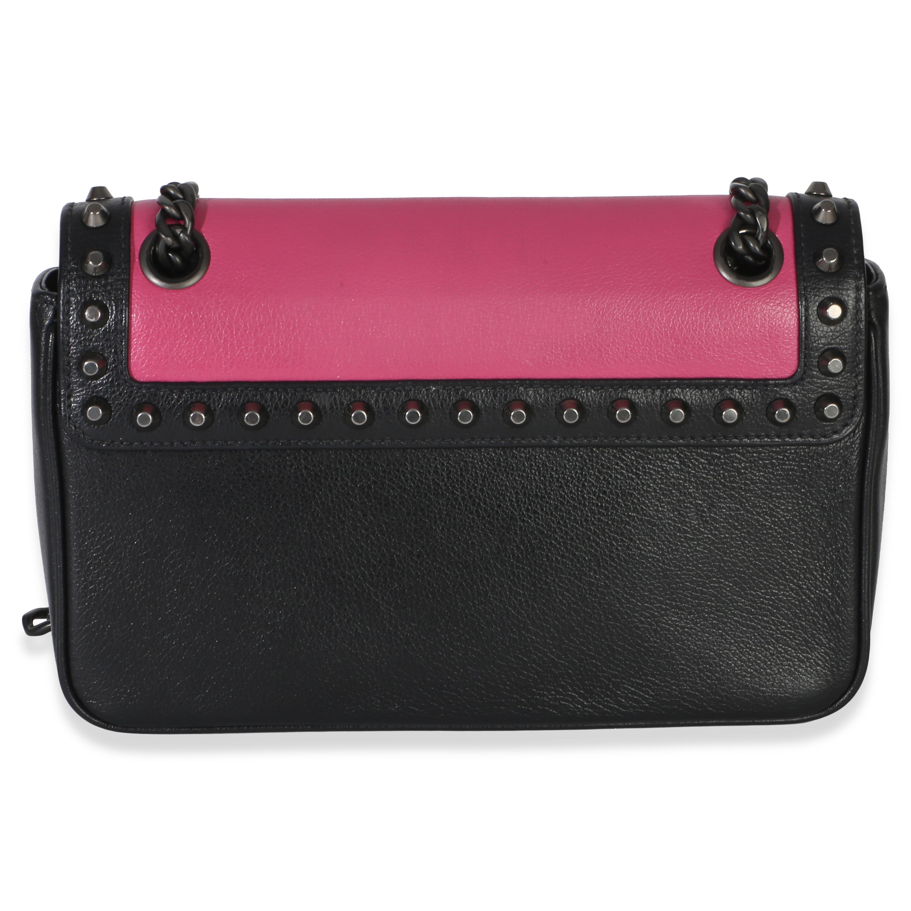 Black Pink Calfskin Glace Studded Chain Flap