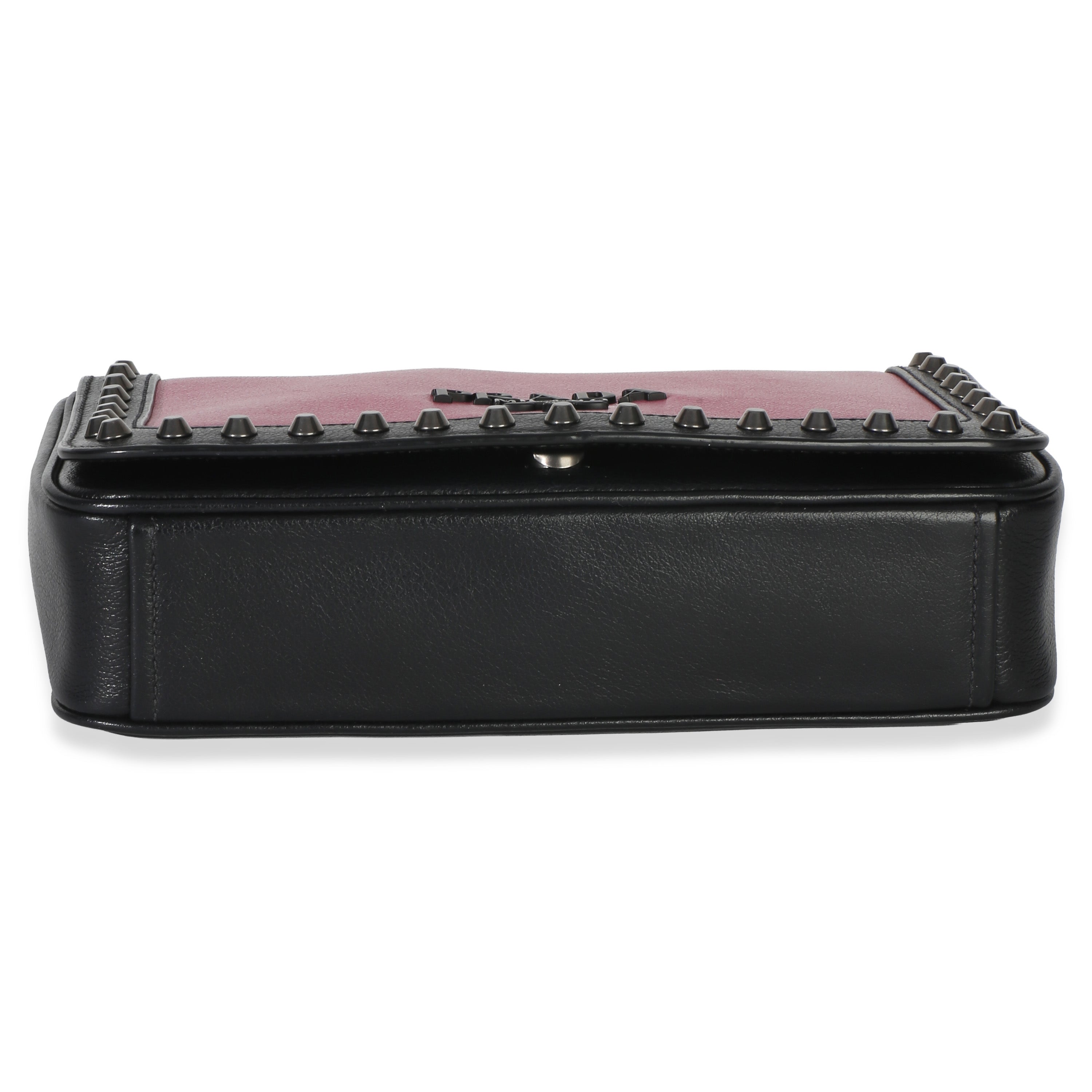 Black Pink Calfskin Glace Studded Chain Flap