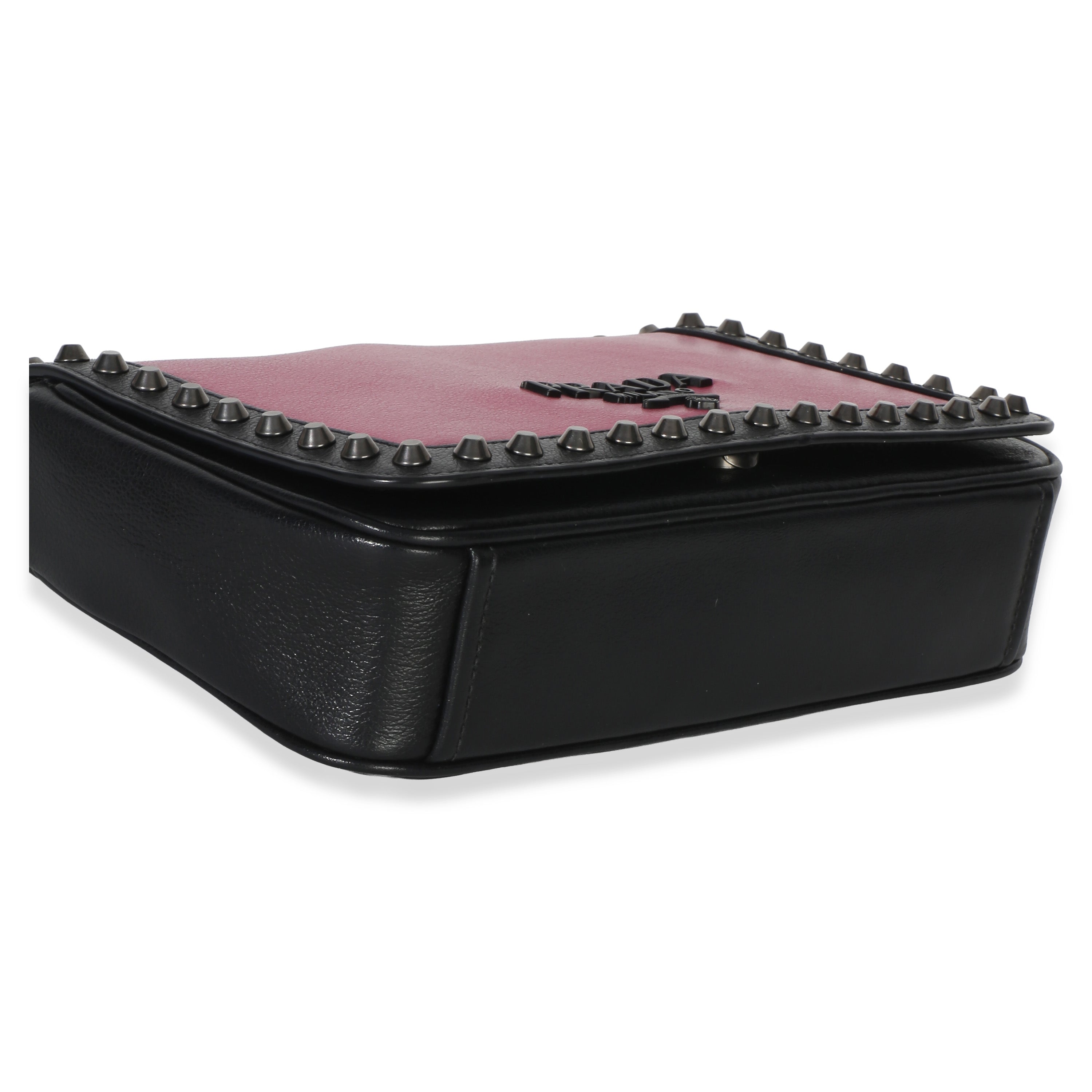 Black Pink Calfskin Glace Studded Chain Flap
