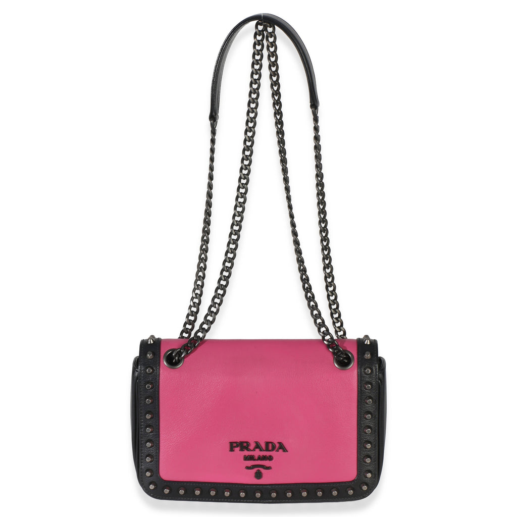 Black Pink Calfskin Glace Studded Chain Flap