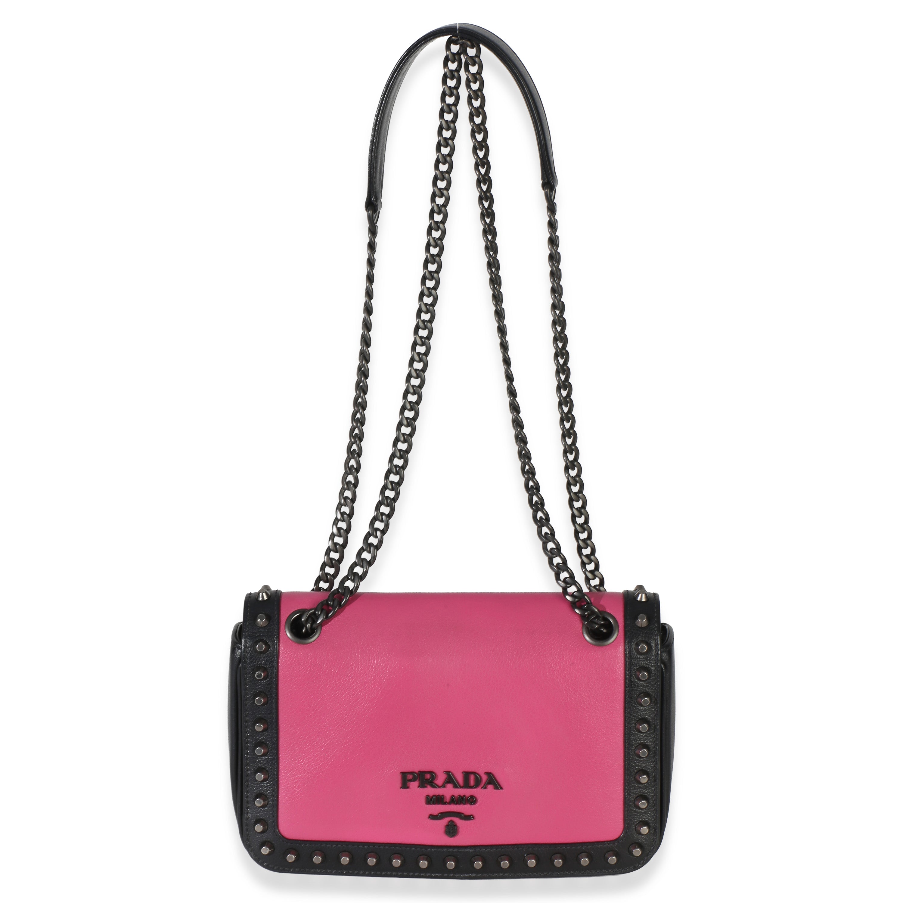 Black Pink Calfskin Glace Studded Chain Flap