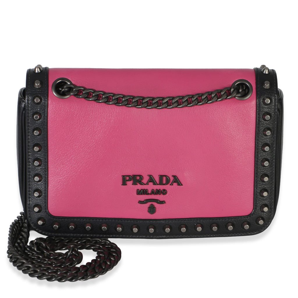 Black Pink Calfskin Glace Studded Chain Flap