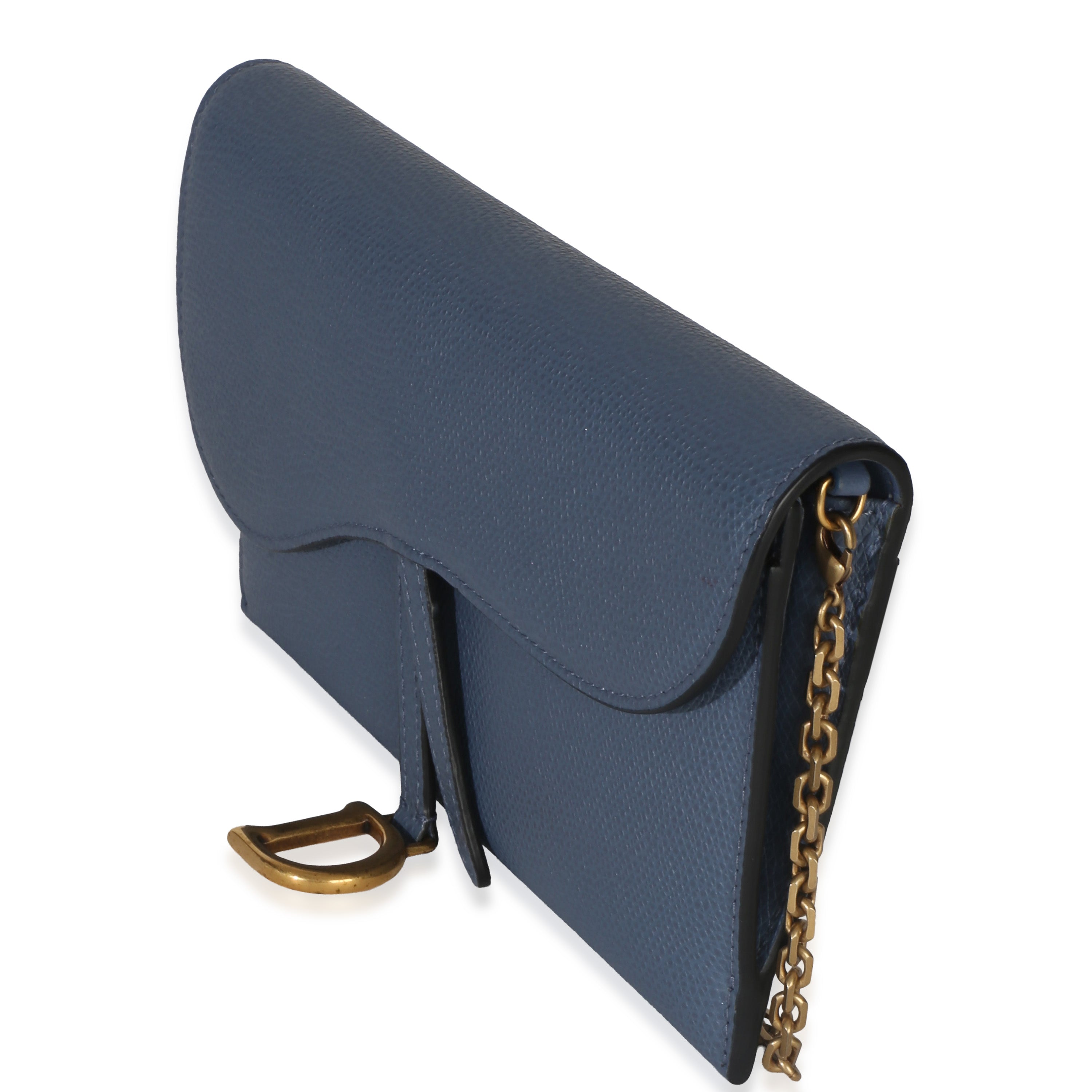 Blue Grained Calfskin Small Saddle Pouch With Chain