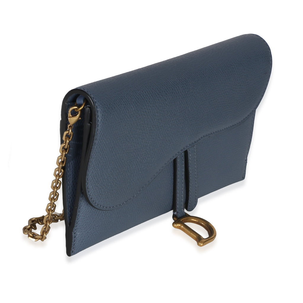 Blue Grained Calfskin Small Saddle Pouch With Chain