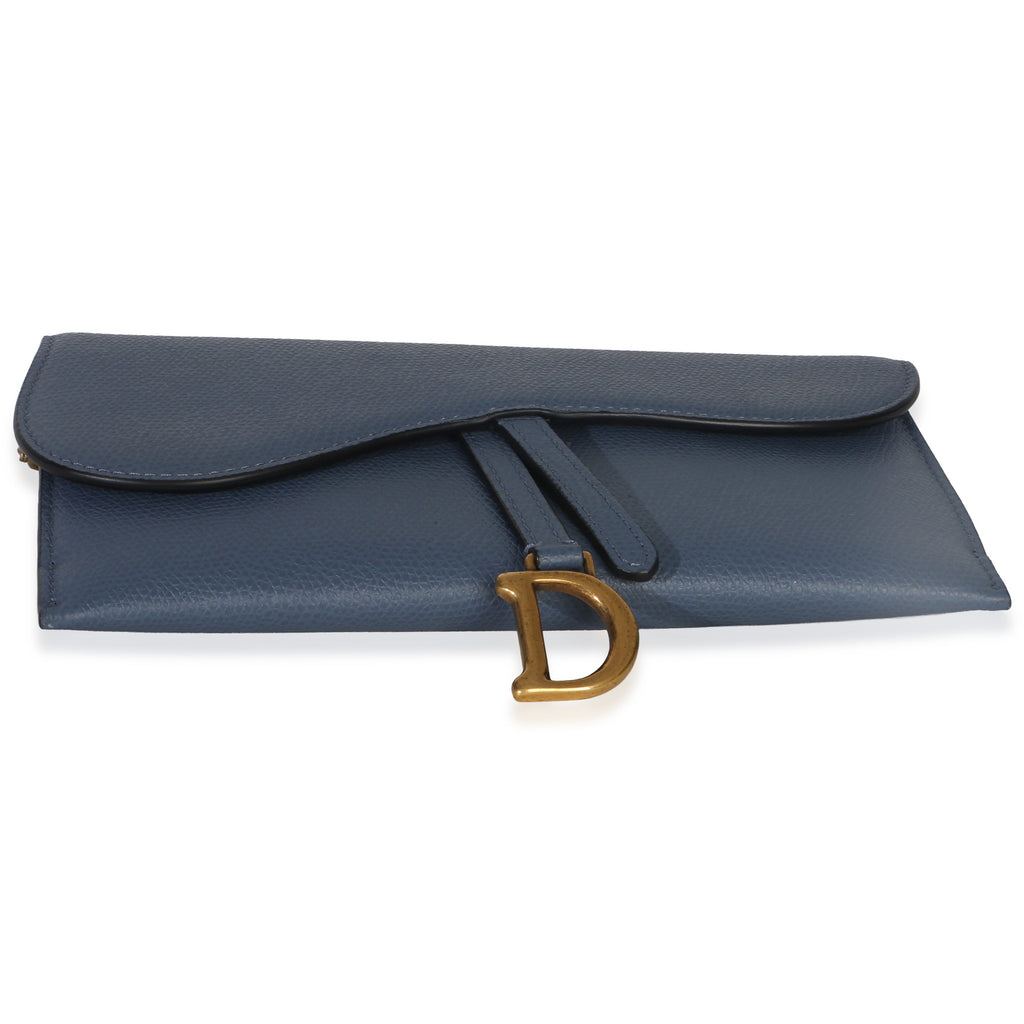 Blue Grained Calfskin Small Saddle Pouch With Chain