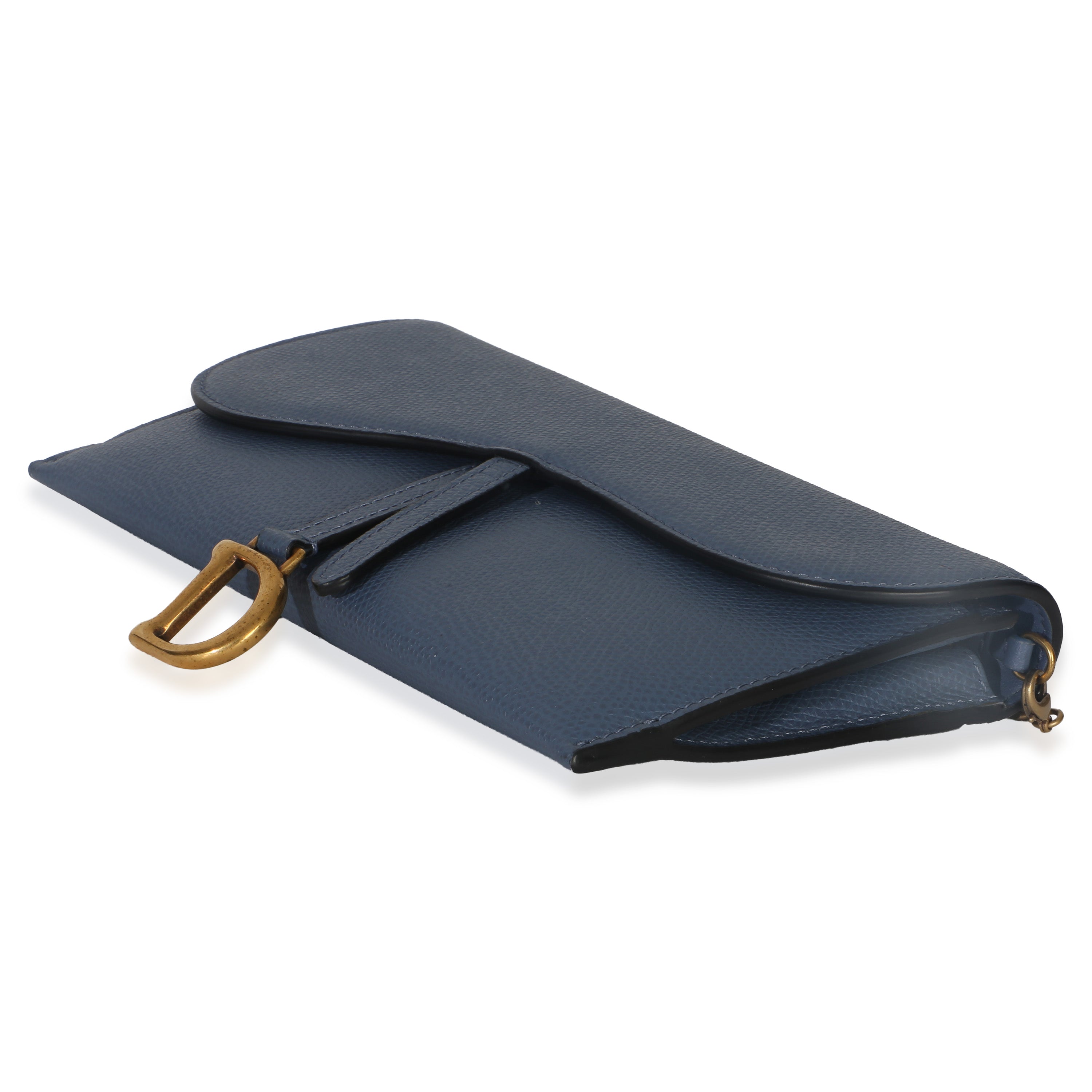 Blue Grained Calfskin Small Saddle Pouch With Chain