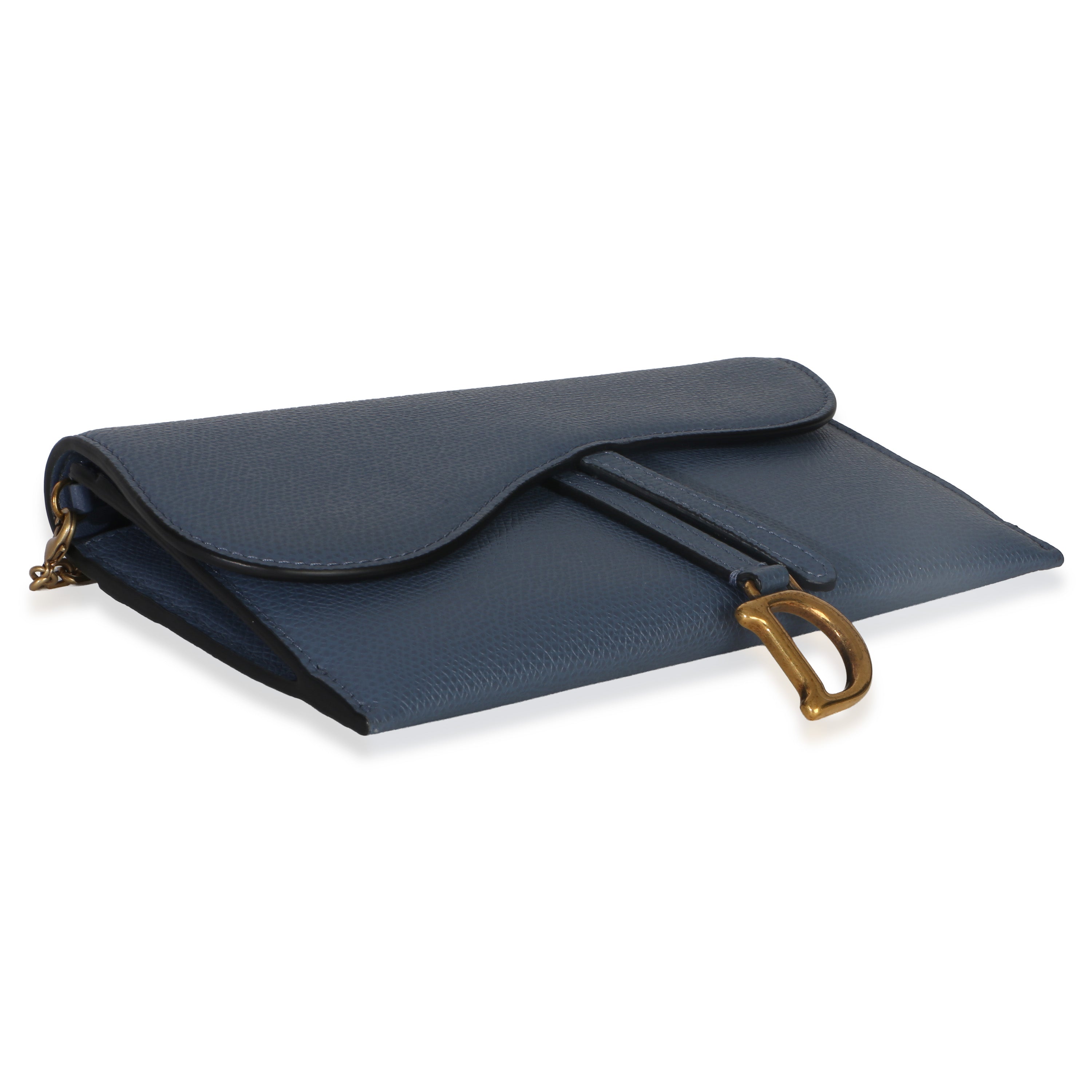 Blue Grained Calfskin Small Saddle Pouch With Chain