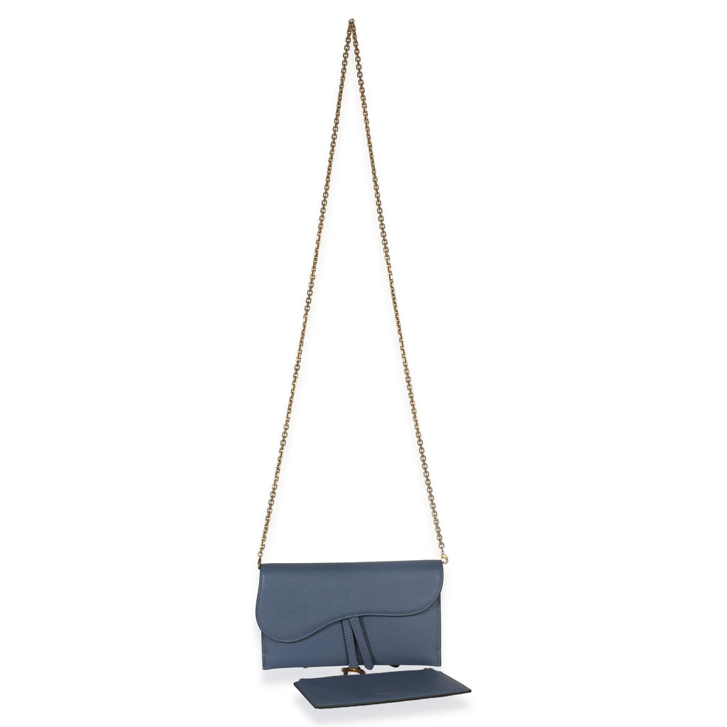 Blue Grained Calfskin Small Saddle Pouch With Chain
