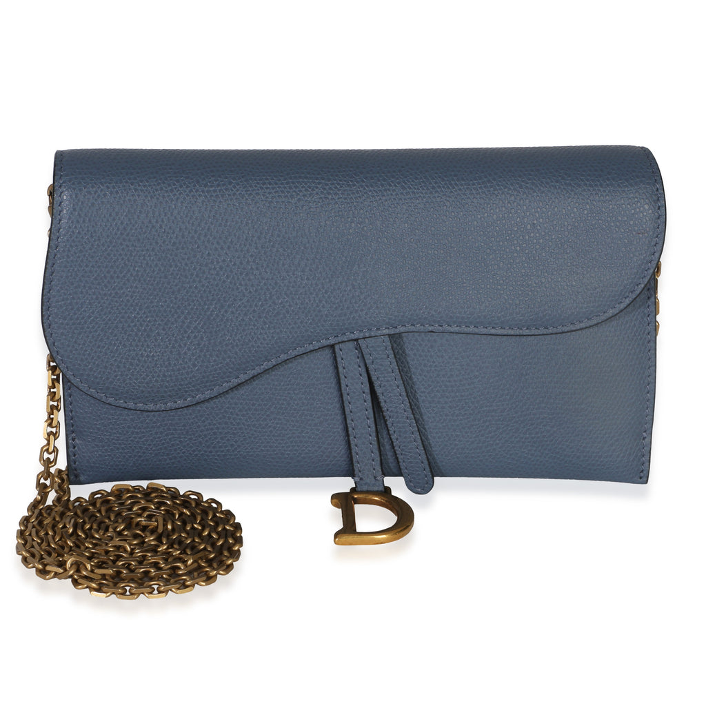 Blue Grained Calfskin Small Saddle Pouch With Chain