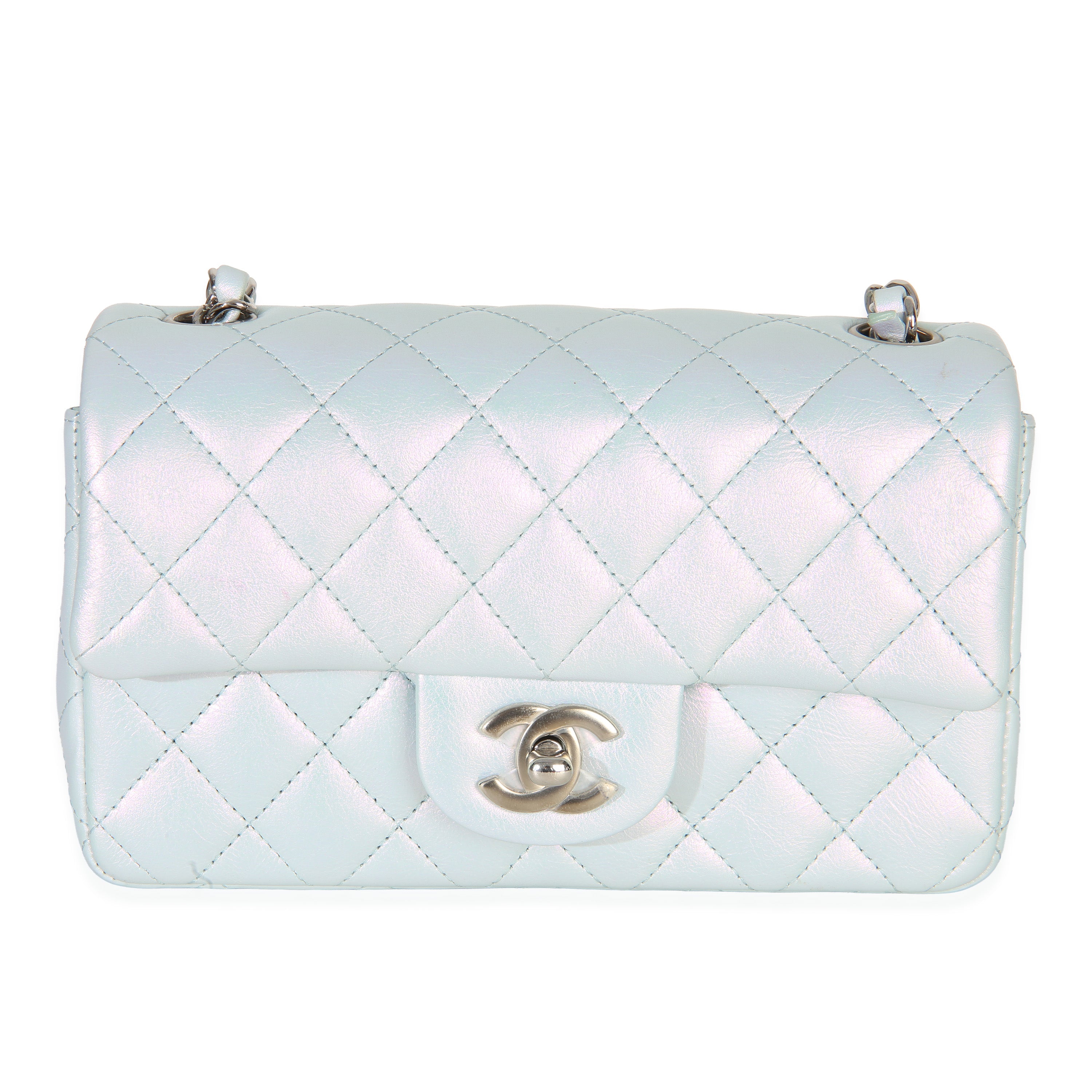 Blue Iridescent Quilted Goatskin Rectangular Mini Flap