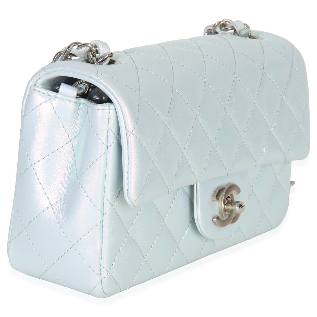 Blue Iridescent Quilted Goatskin Rectangular Mini Flap