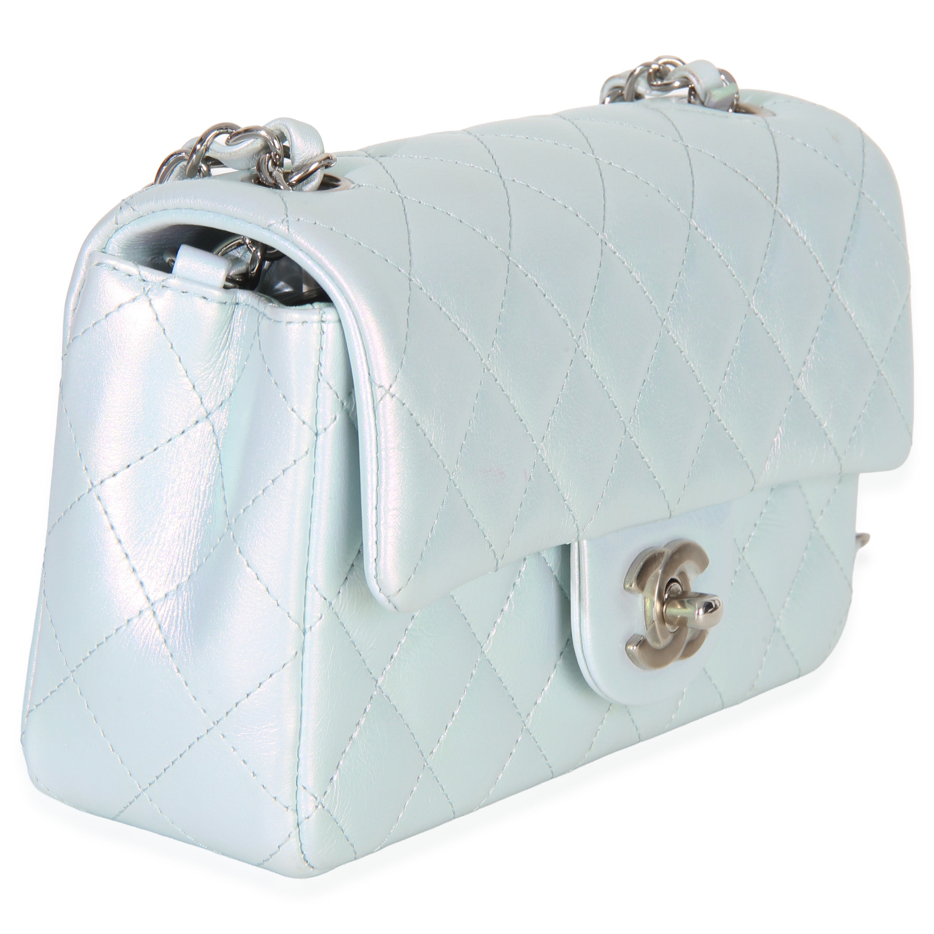 Blue Iridescent Quilted Goatskin Rectangular Mini Flap