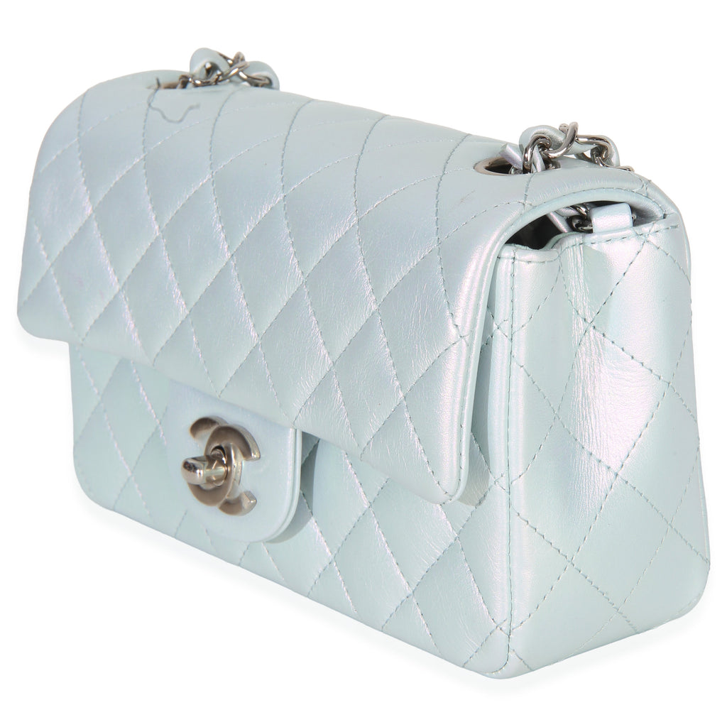 Blue Iridescent Quilted Goatskin Rectangular Mini Flap