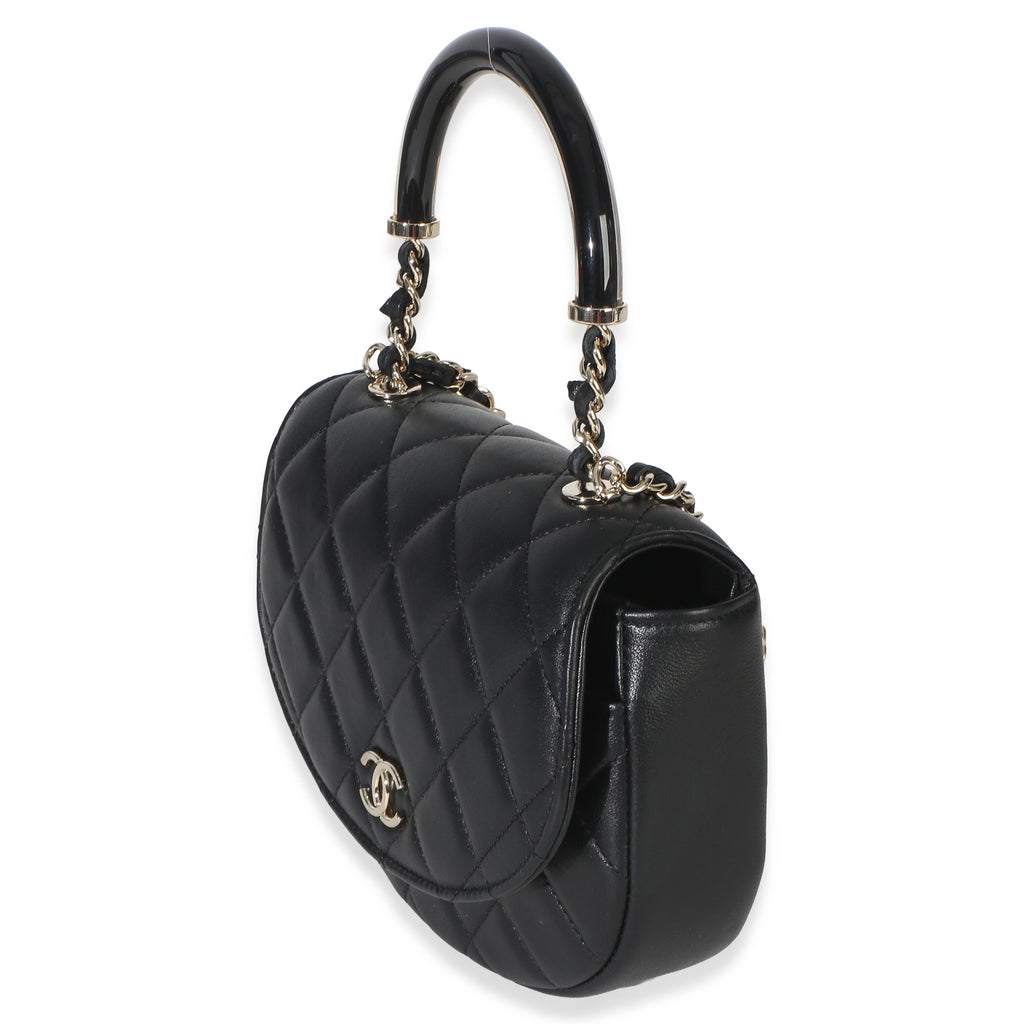 Black Quilted Lambskin CC Half Moon Top Handle Flap
