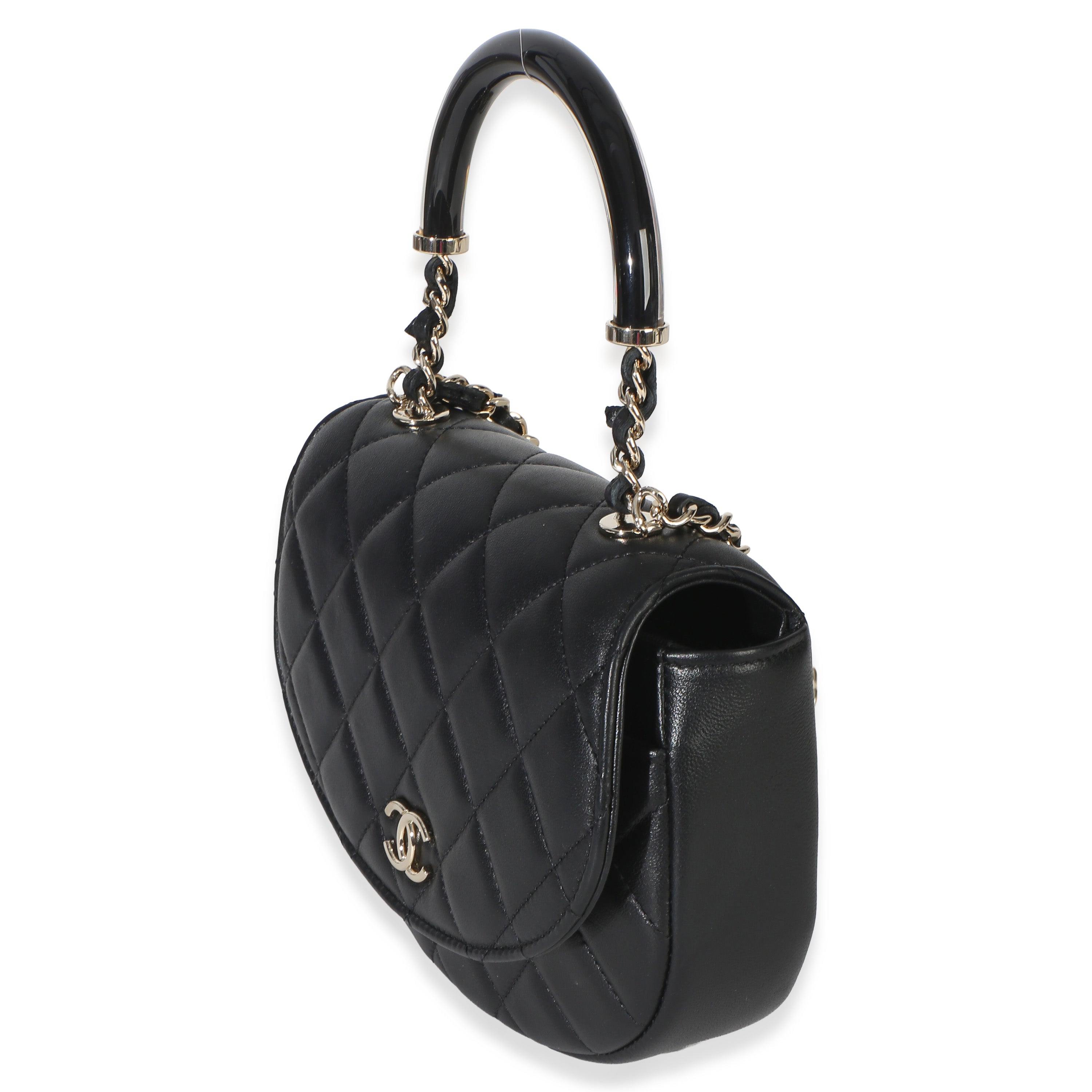 Black Quilted Lambskin CC Half Moon Top Handle Flap