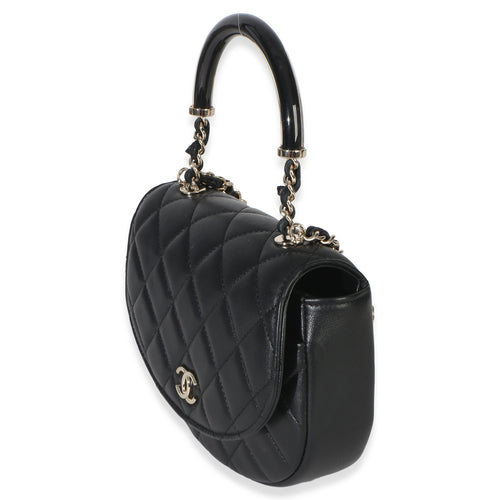 Black Quilted Lambskin CC Half Moon Top Handle Flap