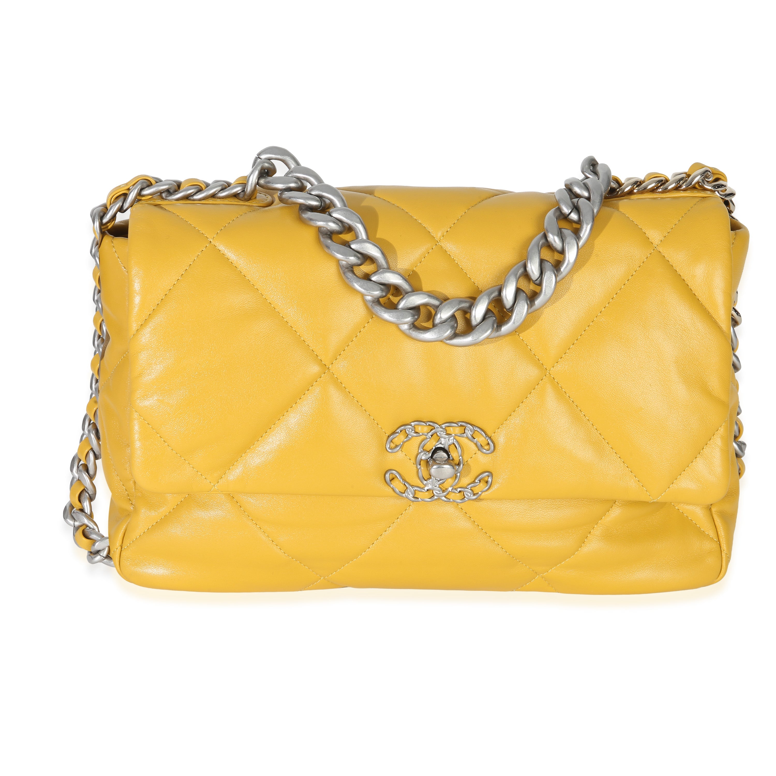 Yellow Quilted Lambskin Large Chanel 19 Flap Bag