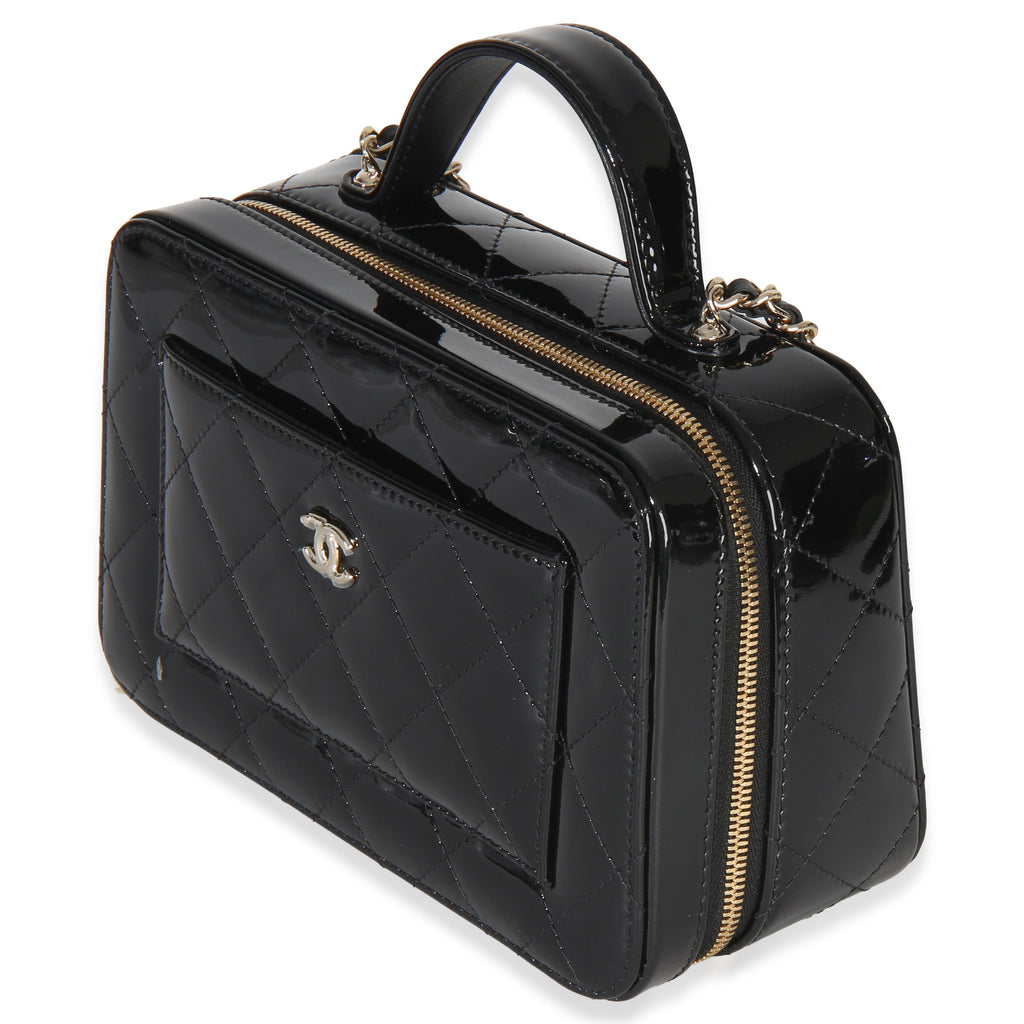 Black Quilted Patent Top Handle Vanity With Chain