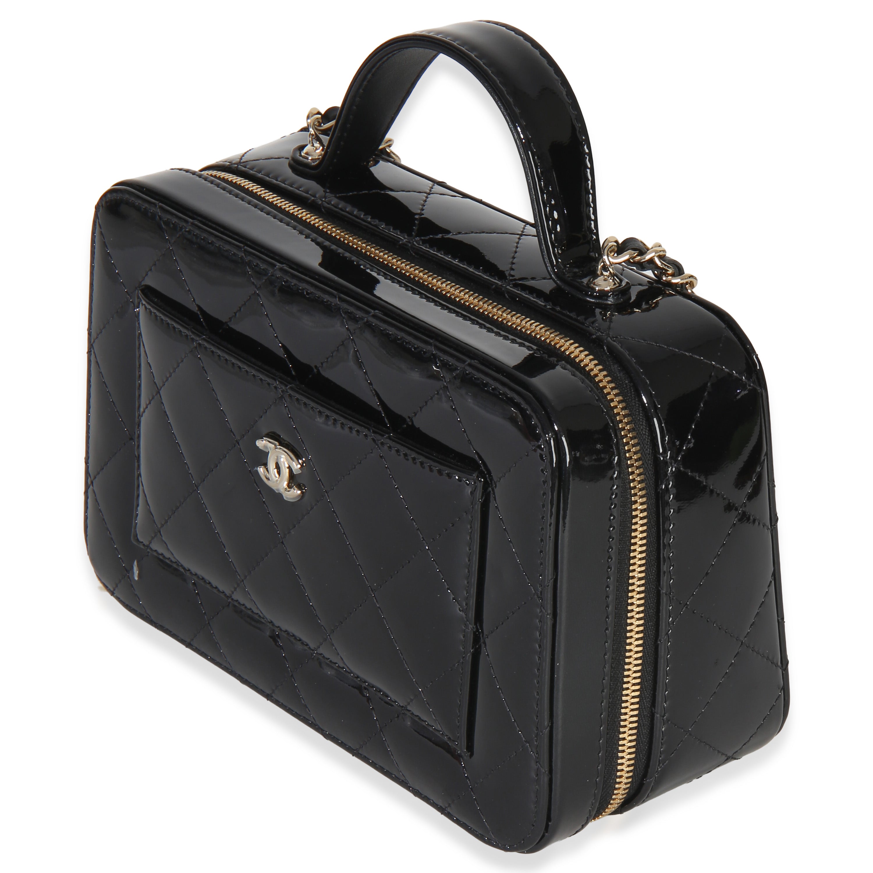 Black Quilted Patent Top Handle Vanity With Chain
