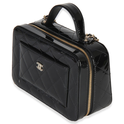 Black Quilted Patent Top Handle Vanity With Chain