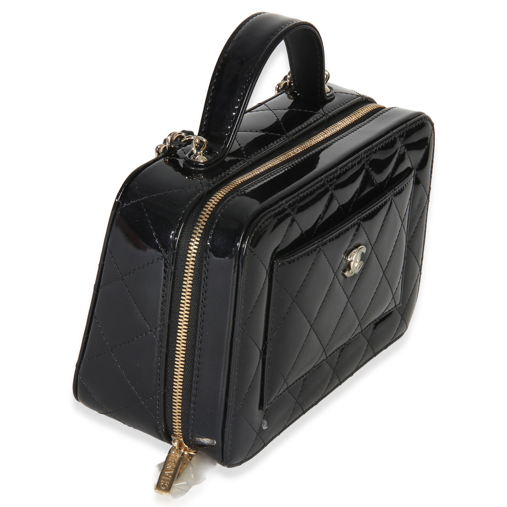 Black Quilted Patent Top Handle Vanity With Chain