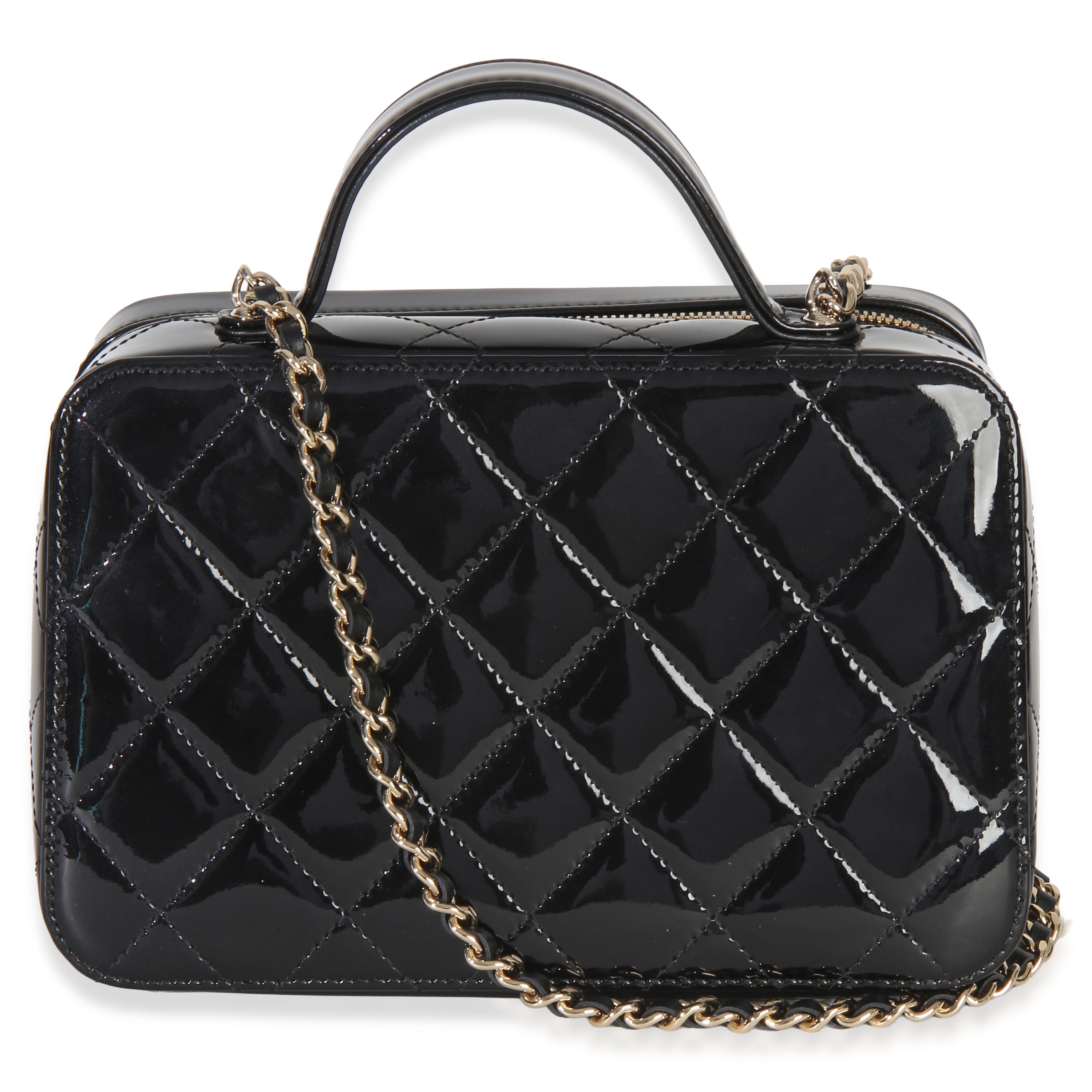 Black Quilted Patent Top Handle Vanity With Chain