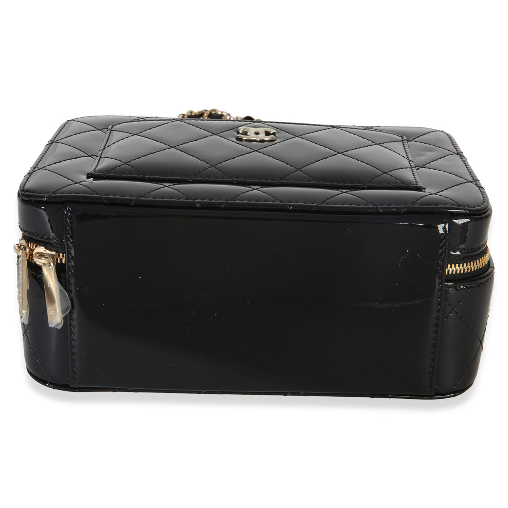 Black Quilted Patent Top Handle Vanity With Chain