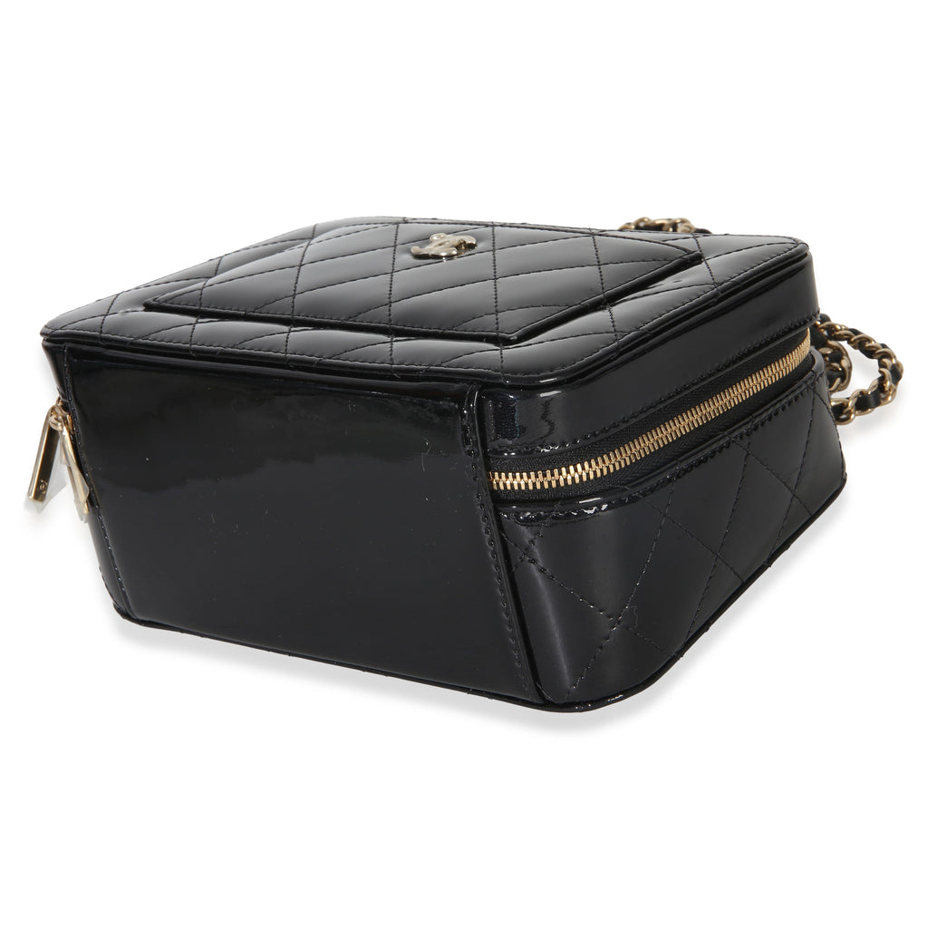 Black Quilted Patent Top Handle Vanity With Chain