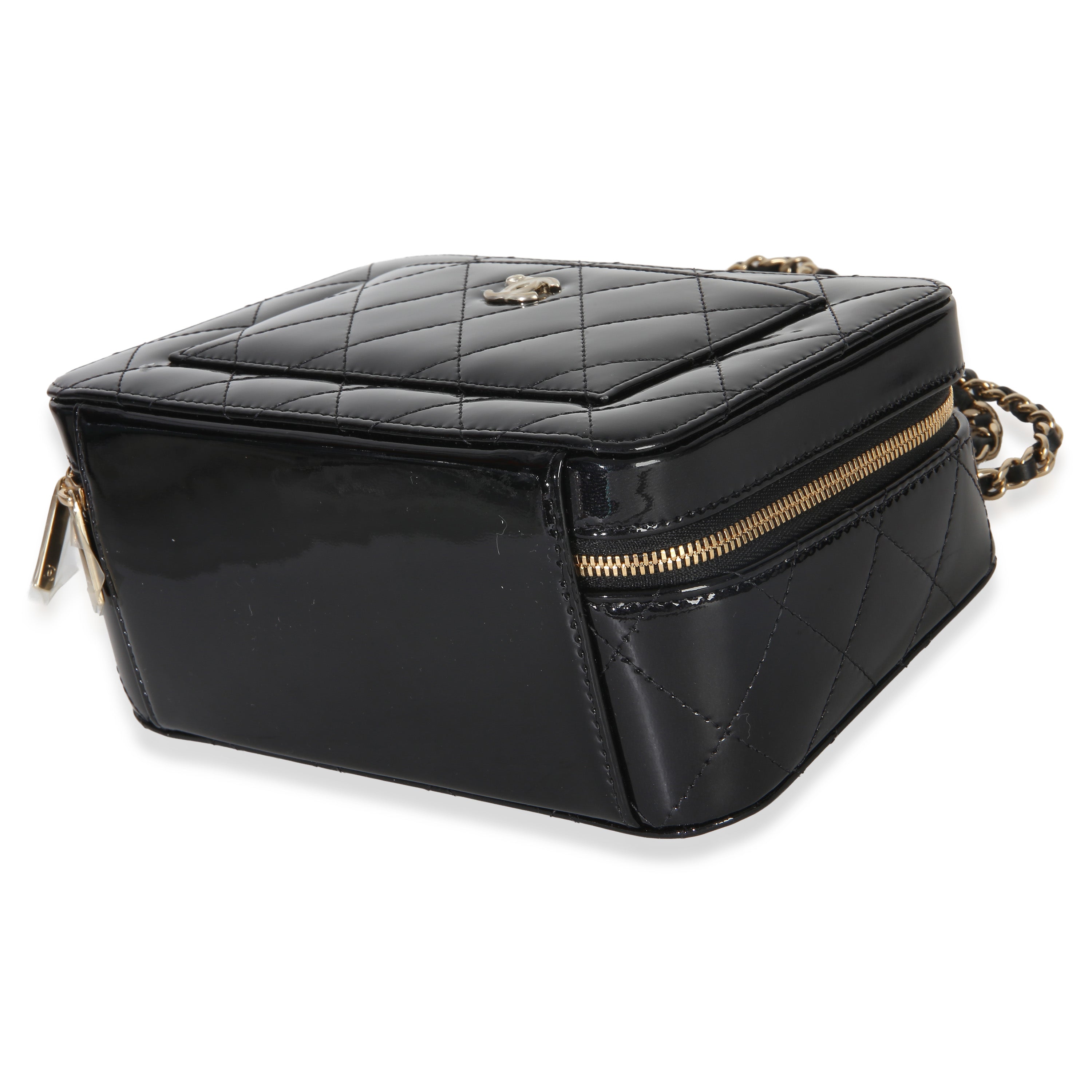 Black Quilted Patent Top Handle Vanity With Chain