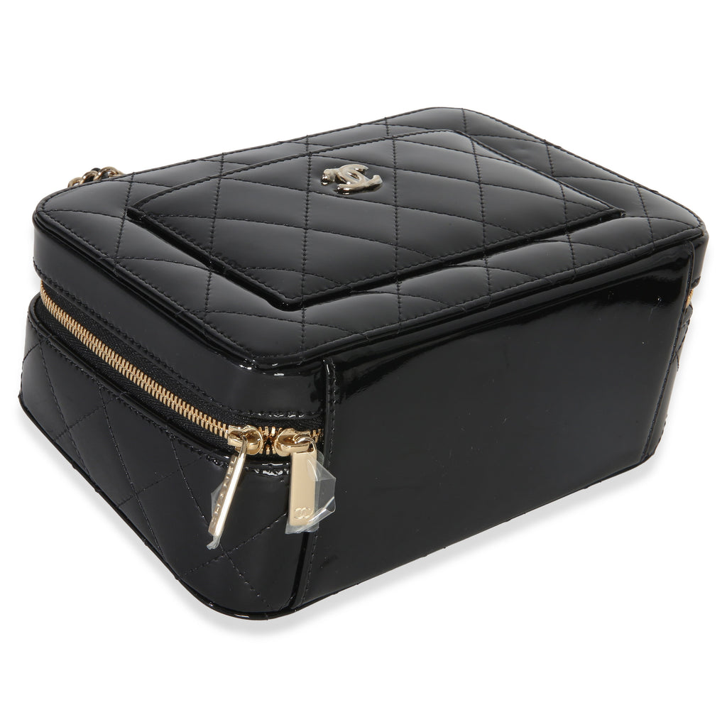 Black Quilted Patent Top Handle Vanity With Chain