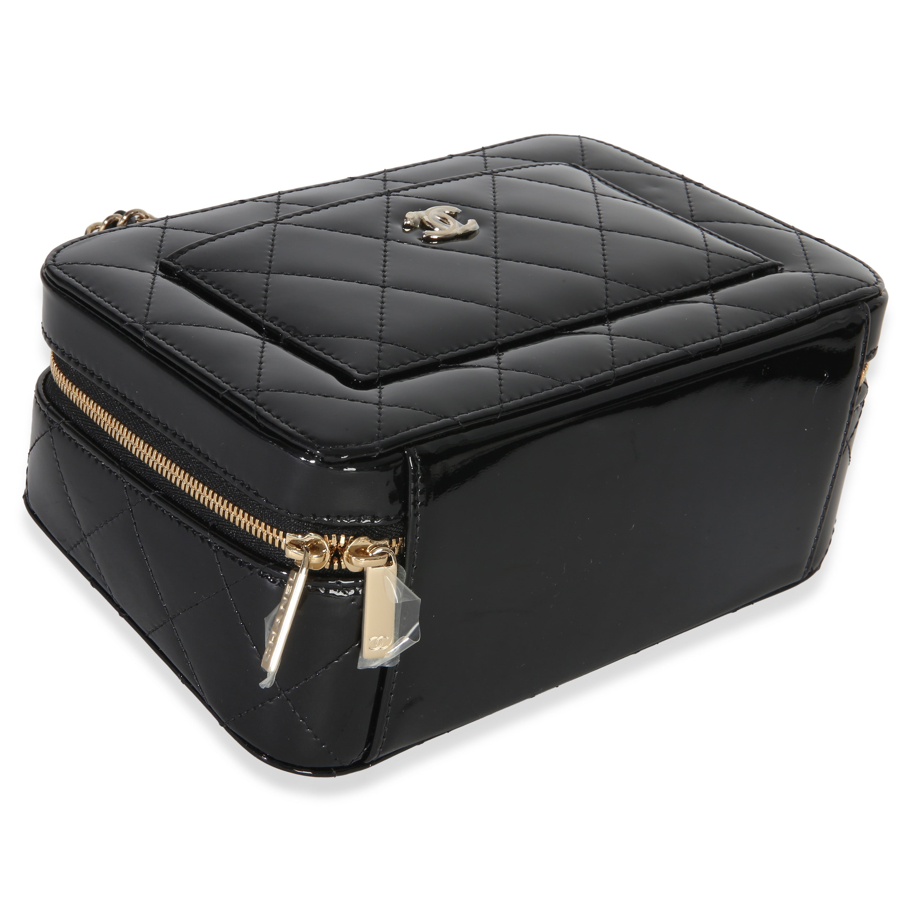 Black Quilted Patent Top Handle Vanity With Chain