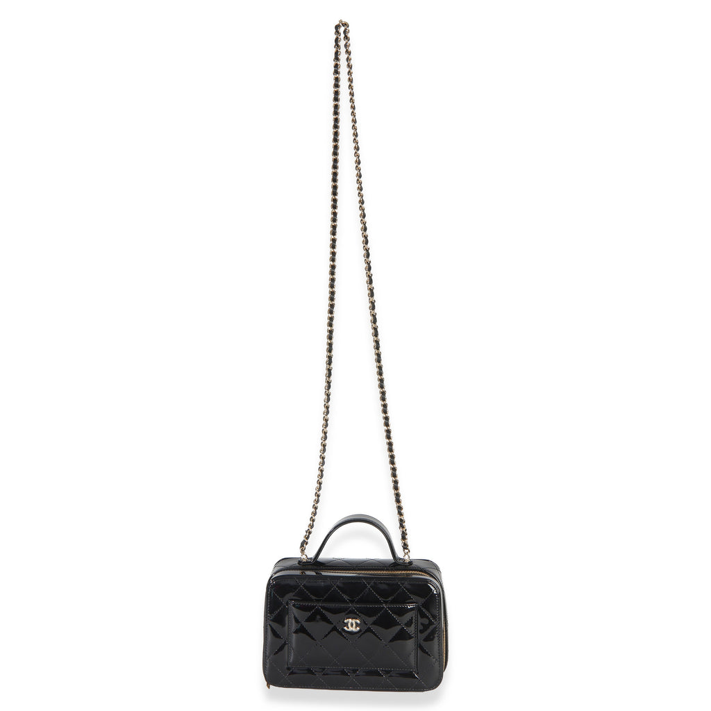 Black Quilted Patent Top Handle Vanity With Chain
