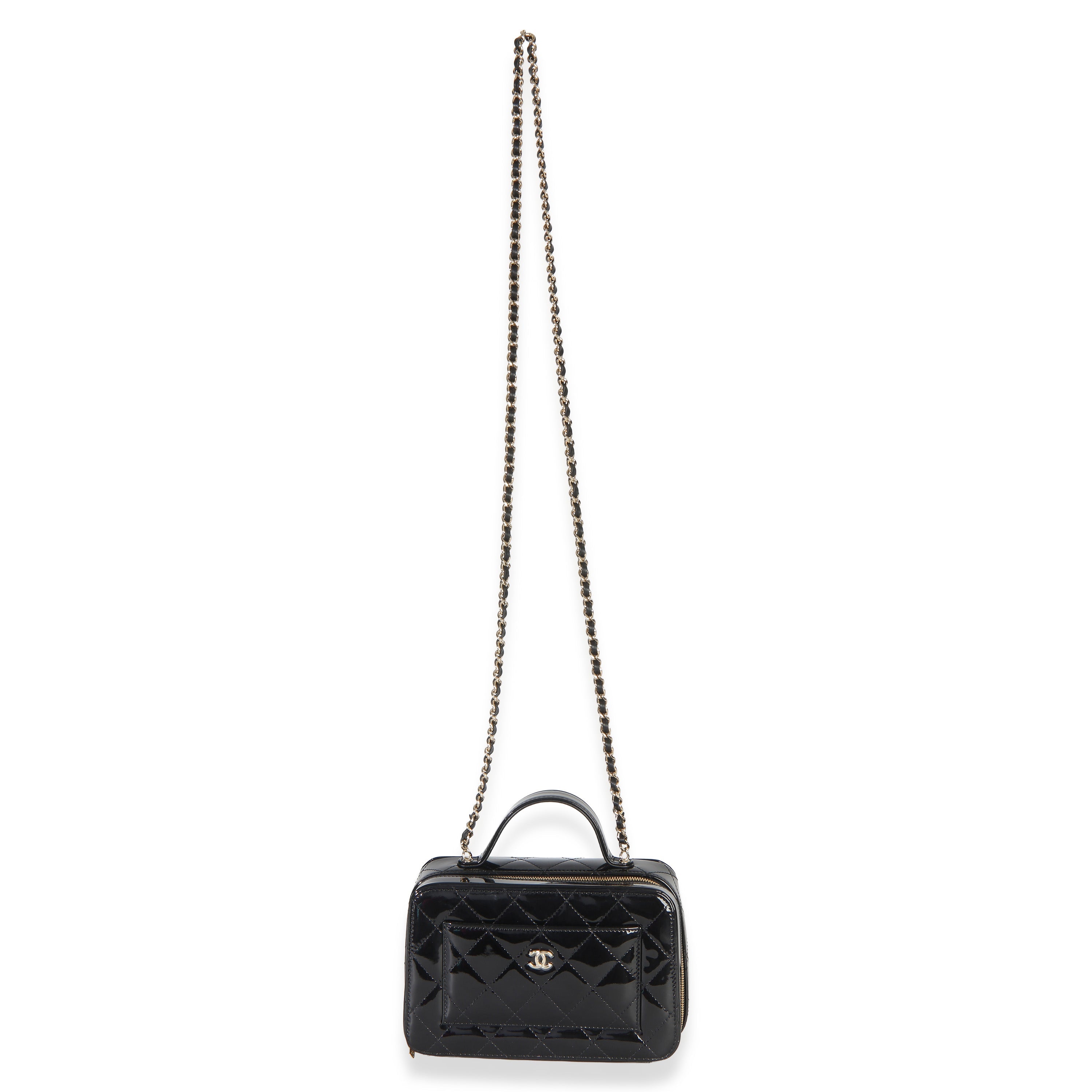 Black Quilted Patent Top Handle Vanity With Chain