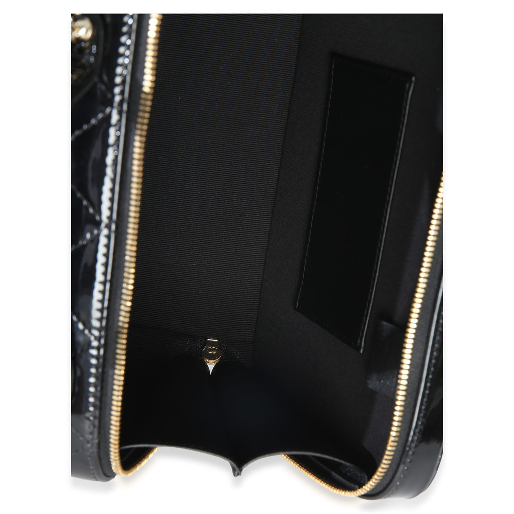 Black Quilted Patent Top Handle Vanity With Chain