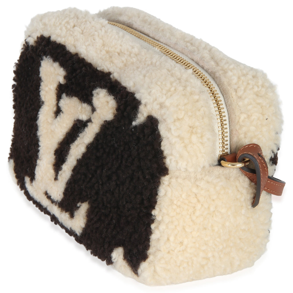 Brown Beige Monogram Teddy Fleece Beach Pouch